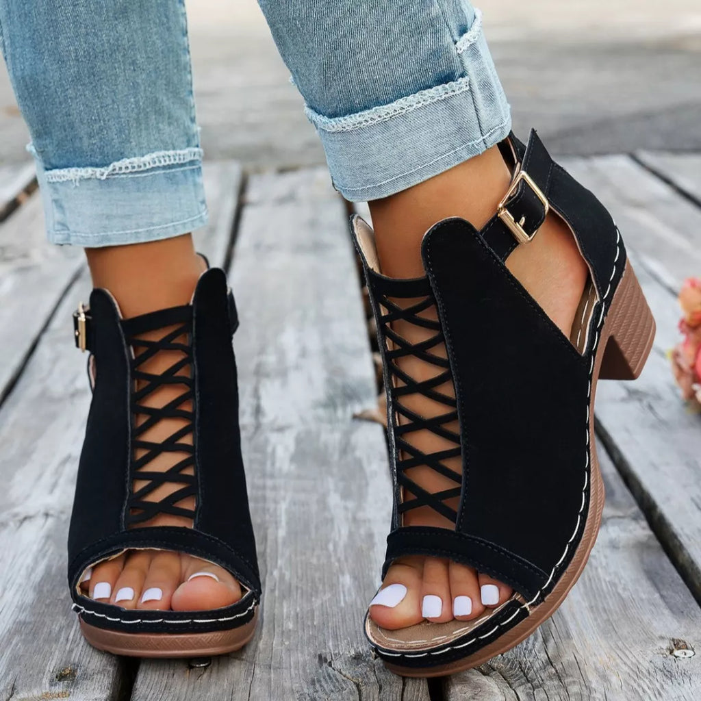 Buckle Block Heels Sandals by Trendsi