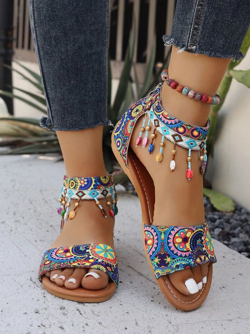 Beaded Ankle Strap Sandals by Trendsi