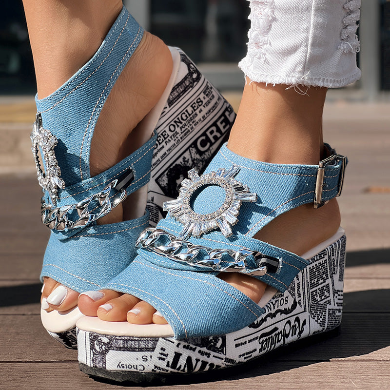 Newspaper Buckle Denim Wedge Slides - Anklet Not Included