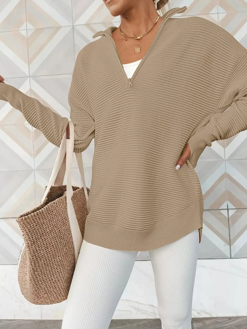 Half Zip Long Sleeve Knit Top by Trendsi