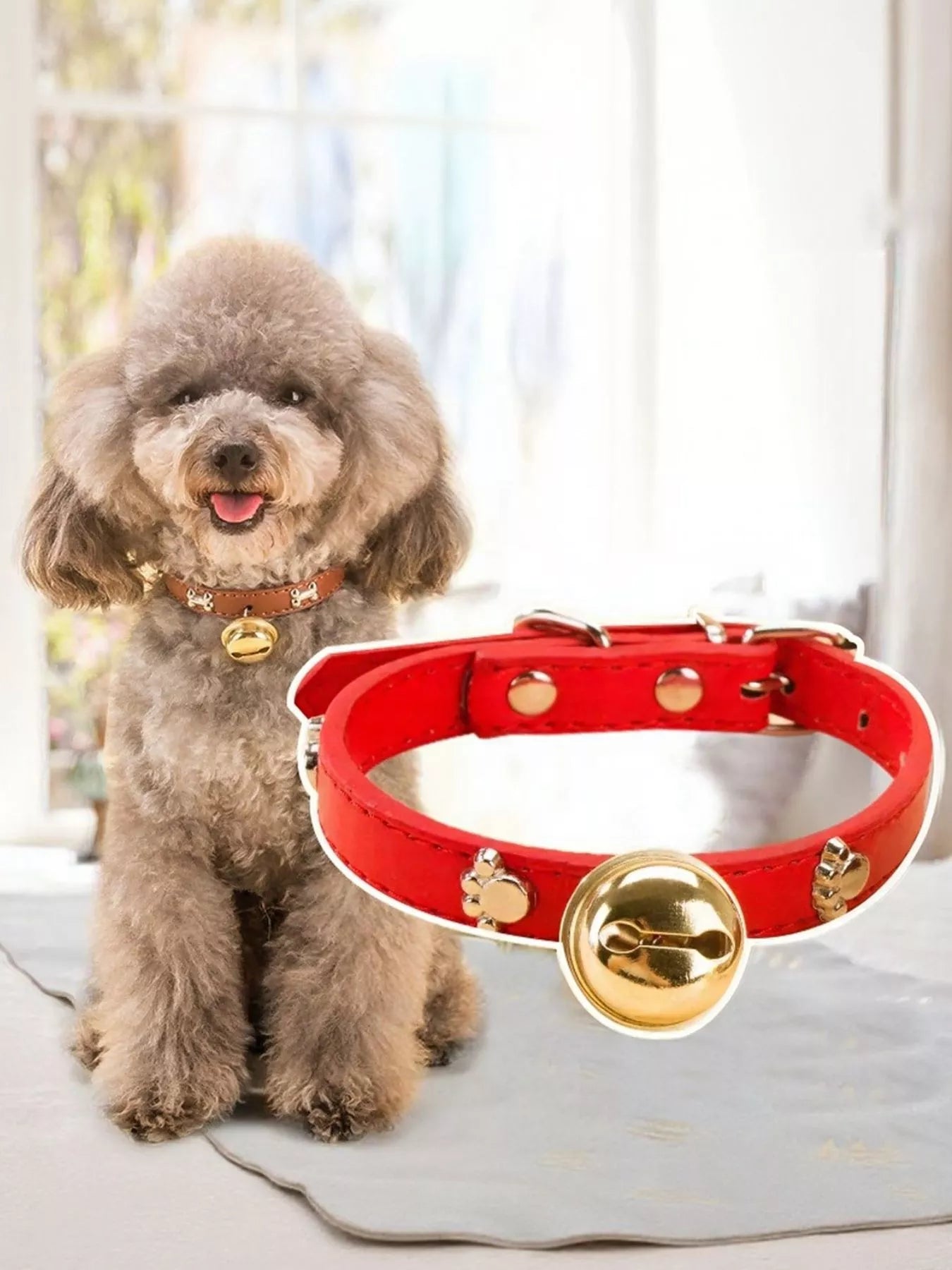 Leather Pet Collar with Bell by Trendsi