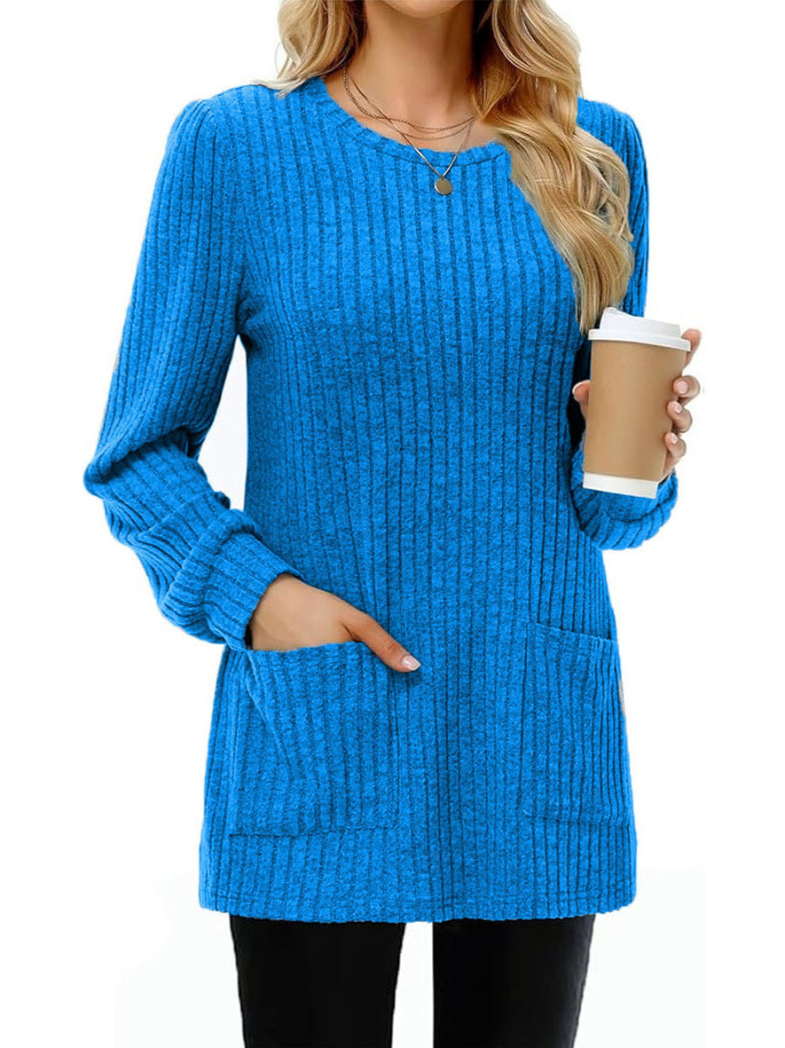 Mid-length Sweater Round Neck Sunken Stripe Solid Color Pocket Top by DC-THE CEO