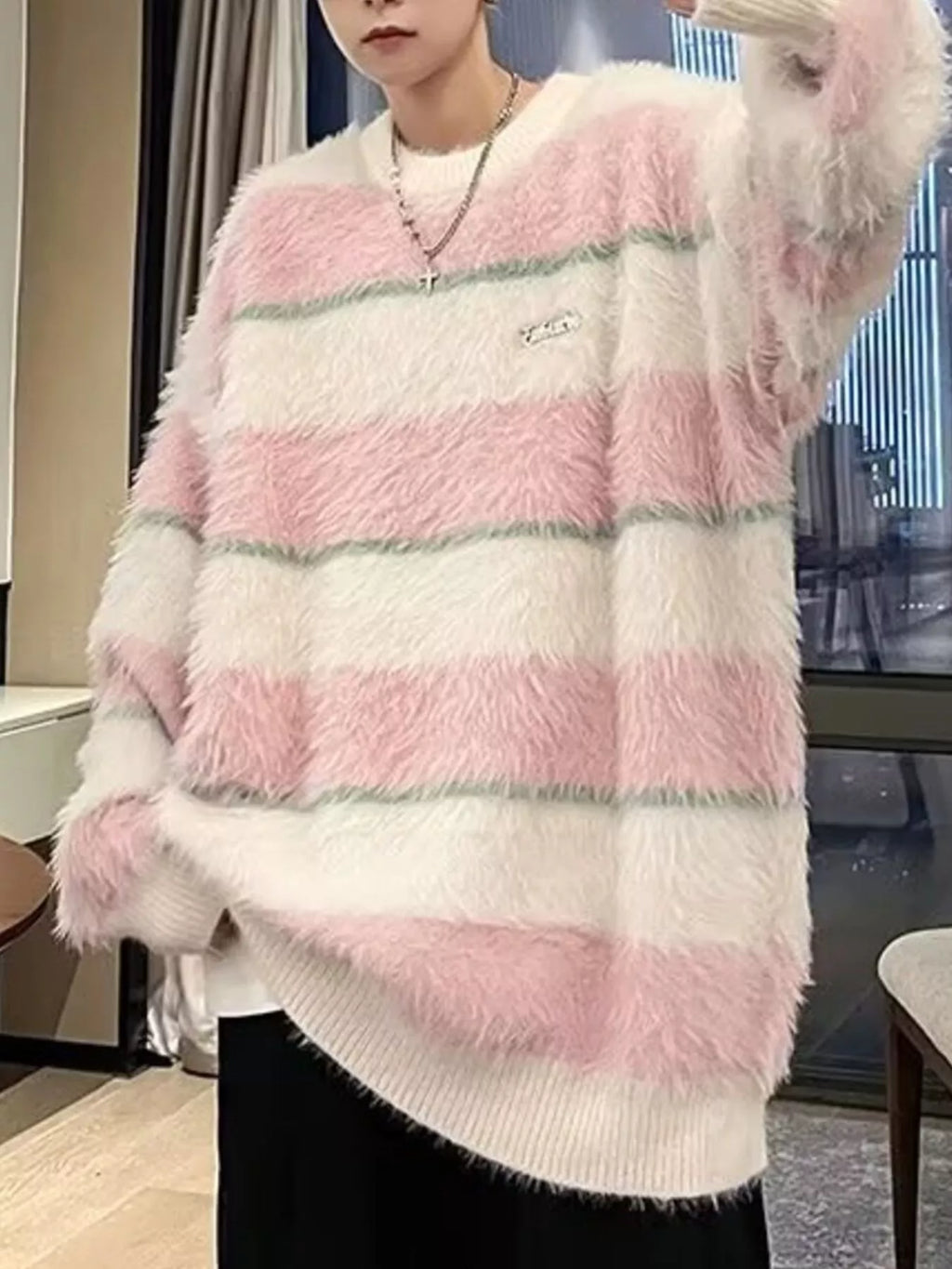 Men's Striped Fuzzy Knit Pullover Sweater by Trendsi