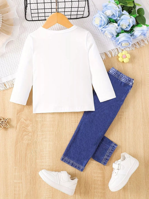 Children's Cartoon Girl Long Sleeve Top & Jeans Set by Trendsi