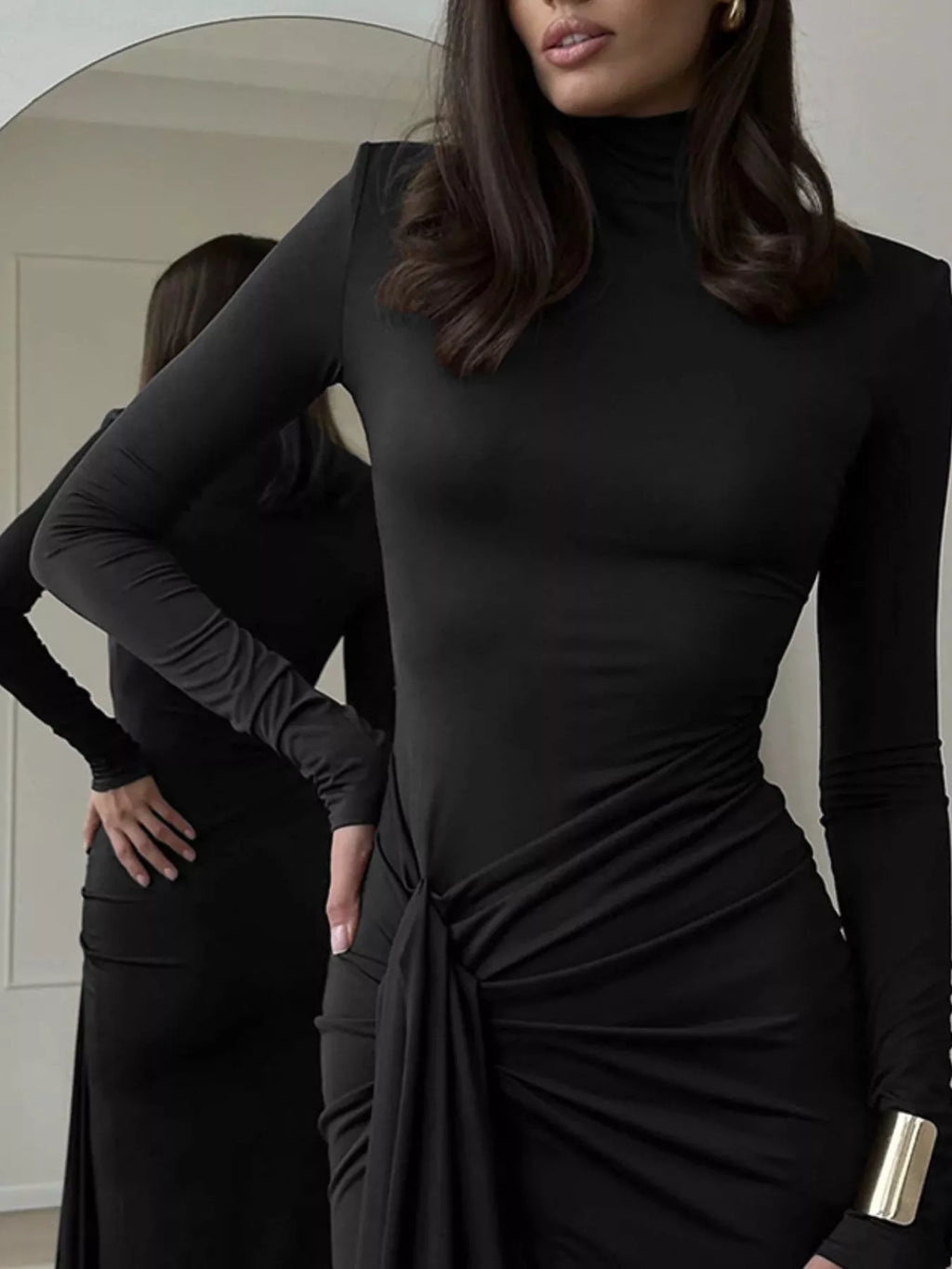 Turtleneck Long Sleeve Slit Maxi Dress by Trendsi