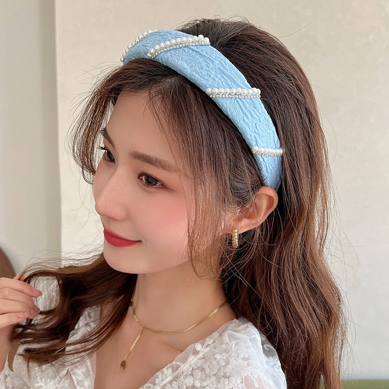Mesh Pearl Small Flower Blue Color Face Wash Hair Bands Female
