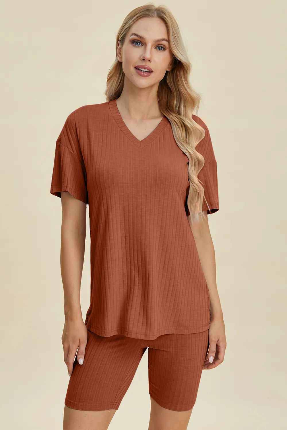 Basic Bae Full Size Ribbed V-Neck Short Sleeve Top and Shorts Set by Trendsi