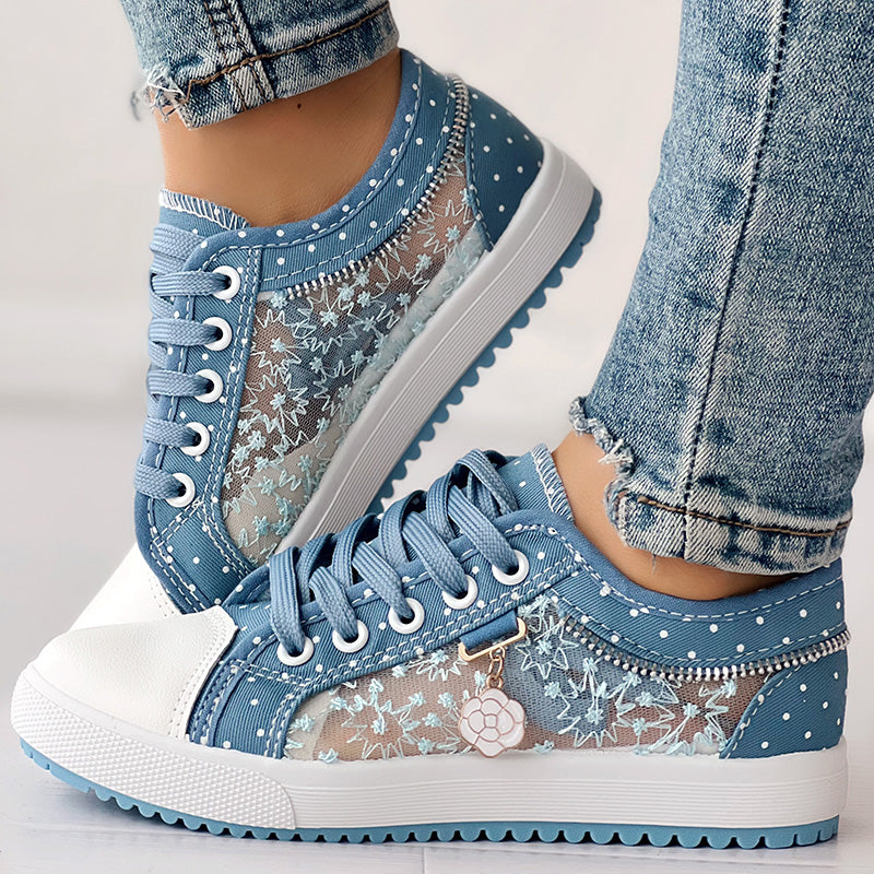 Floral Embroidered Polka Dot Print Sneakers