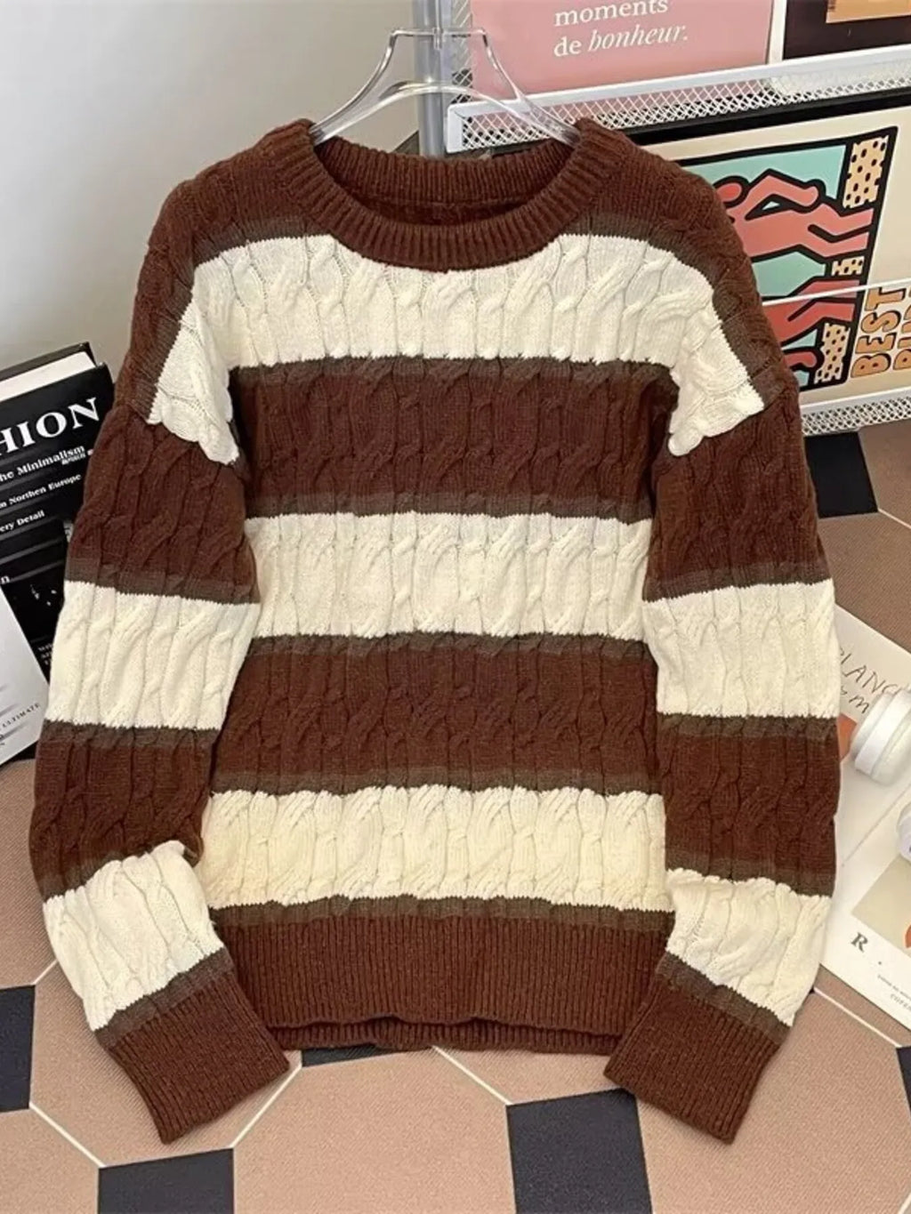 Men's Plus Size Striped Cable Knit Pullover Sweater by Trendsi
