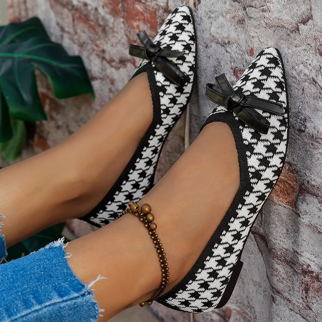 Houndstooth Point Toe Flats Slip-Ons by Trendsi