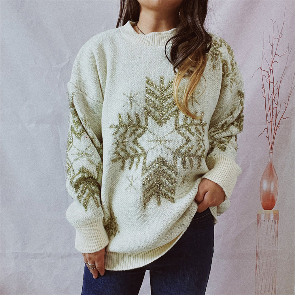 Snowflake Pattern Long Sleeve Sweater by Trendsi