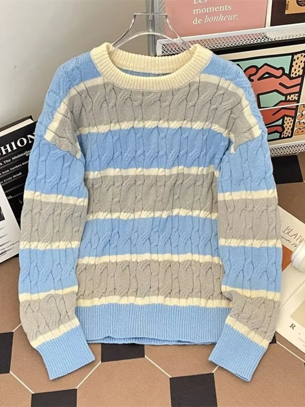 Men's Plus Size Striped Cable Knit Pullover Sweater by Trendsi