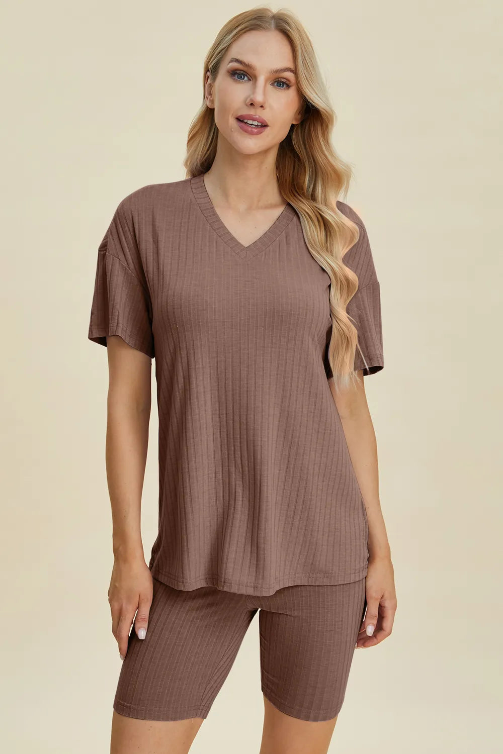 Basic Bae Full Size Ribbed V-Neck Short Sleeve Top and Shorts Set by Trendsi