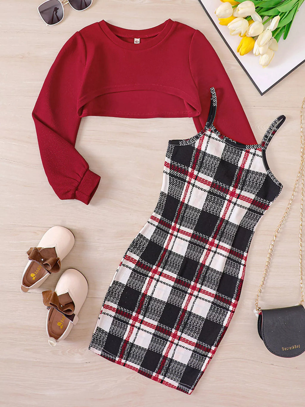 Children's Plaid Print Long Sleeve Dress Set by Trendsi