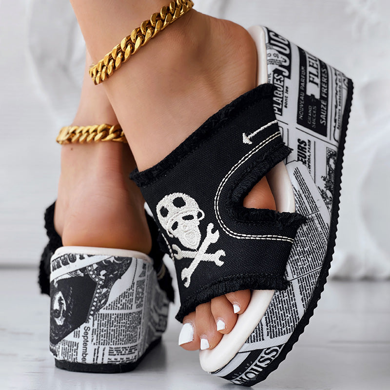Newspaper Skull Original Hem Platform Wedge Slides - Anklet Not Included