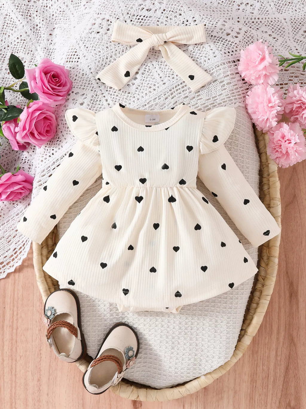 Children's Heart Print Ruffle Trim Bodysuit Dress with Headband by Trendsi