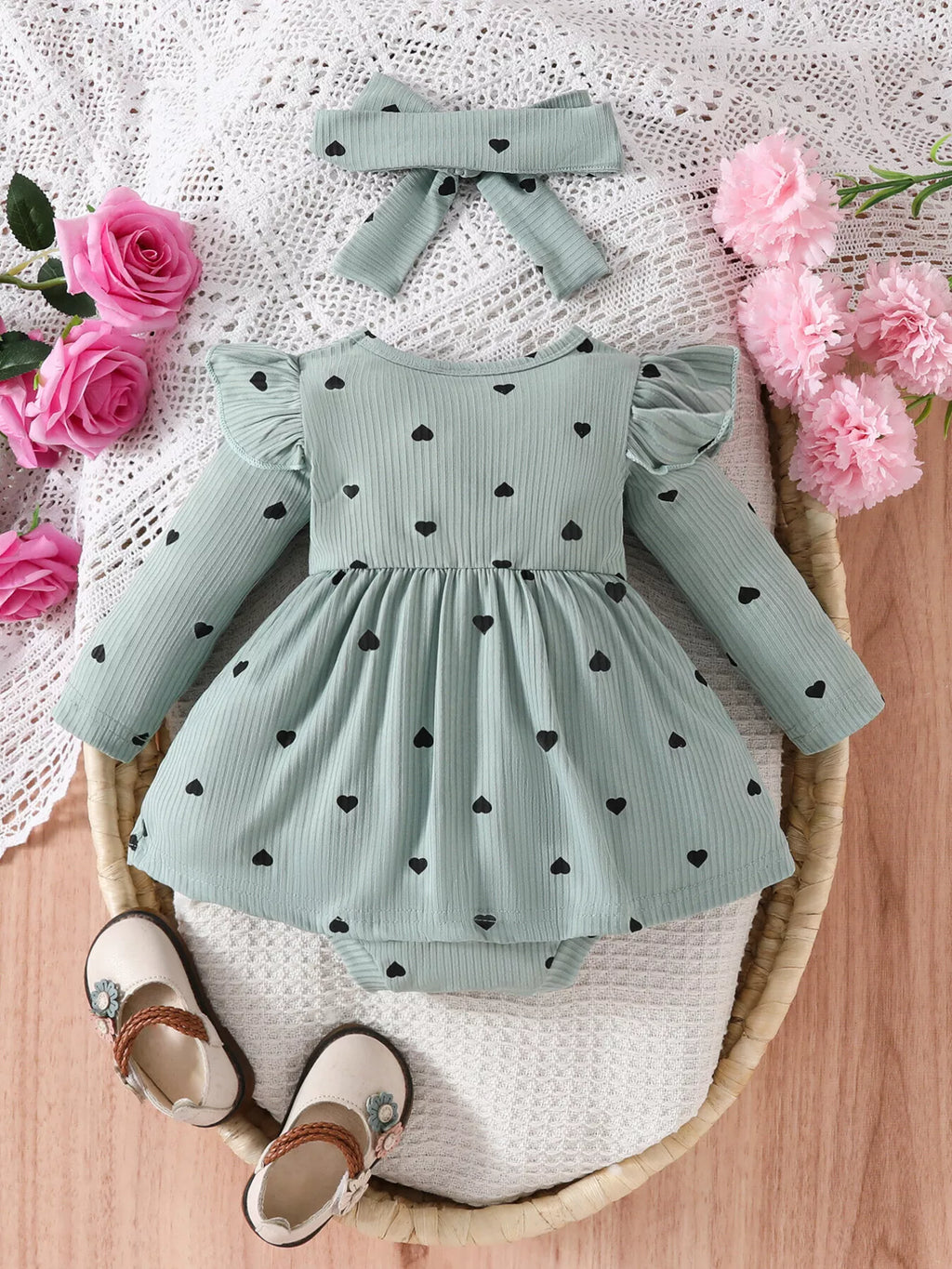 Children's Heart Print Ruffle Trim Bodysuit Dress with Headband by Trendsi