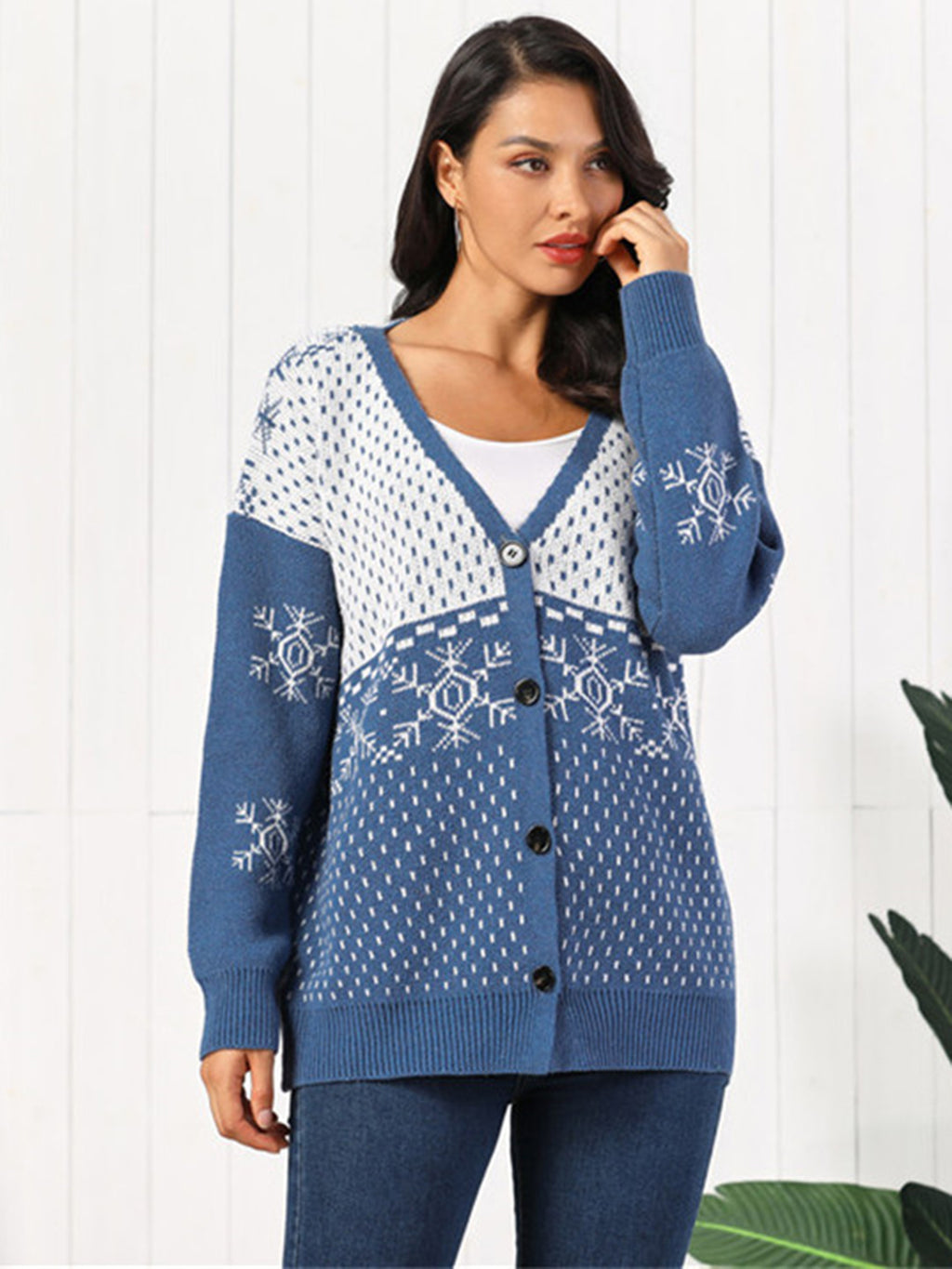 Snowflake Button Down Cardigan by Trendsi