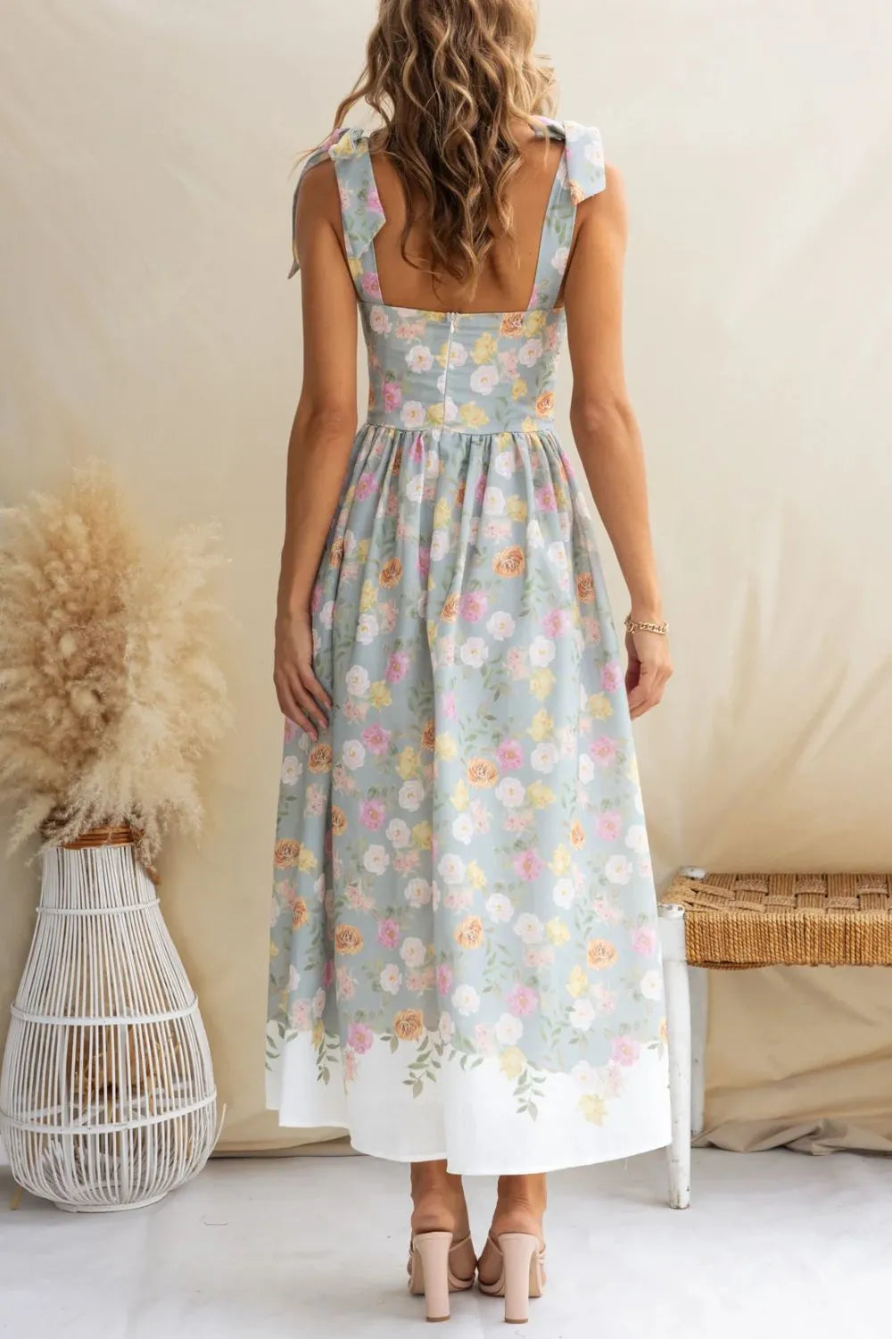 Printed Tie Shoulder Midi Cami Dress by Trendsi