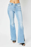 Judy Blue Full Size Mid Rise Raw Hem Slit Flare Jeans by Trendsi