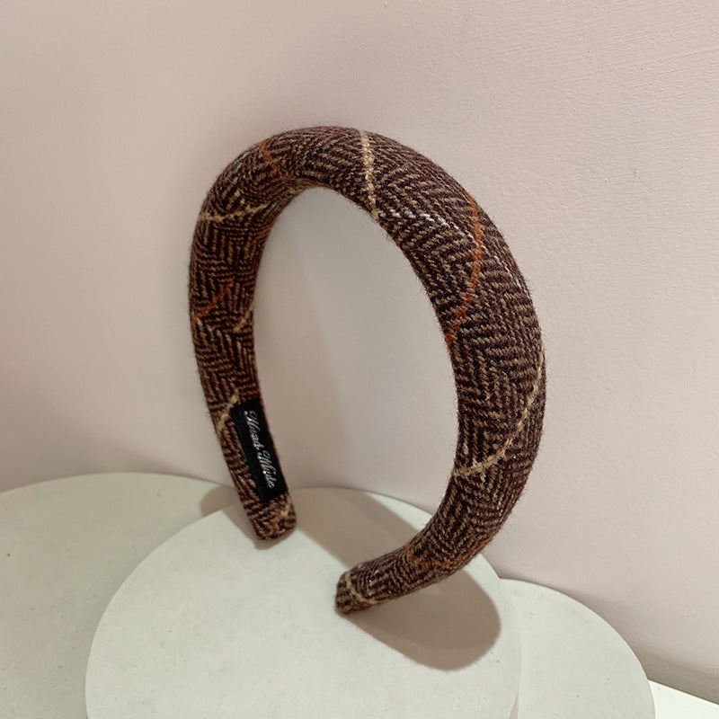 Gentle Temperament Warm Tone Plaid Woolen High Skull Top Sponge Headband