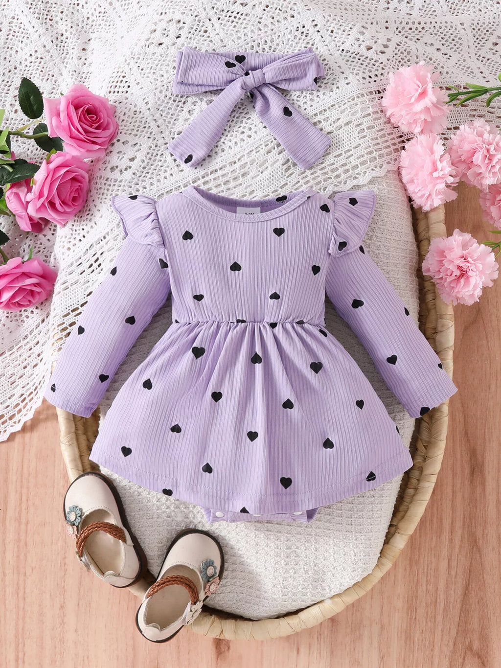 Children's Heart Print Ruffle Trim Bodysuit Dress with Headband by Trendsi