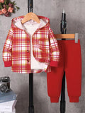 Children's Plaid Button Up Hooded Top & Pants Set by Trendsi