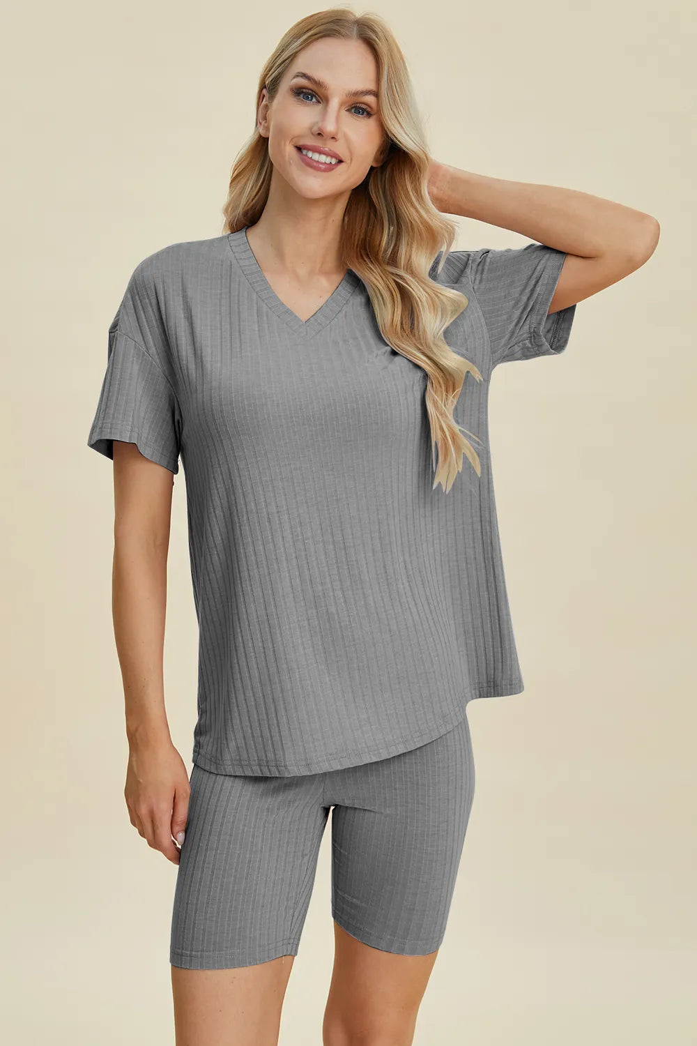 Basic Bae Full Size Ribbed V-Neck Short Sleeve Top and Shorts Set by Trendsi