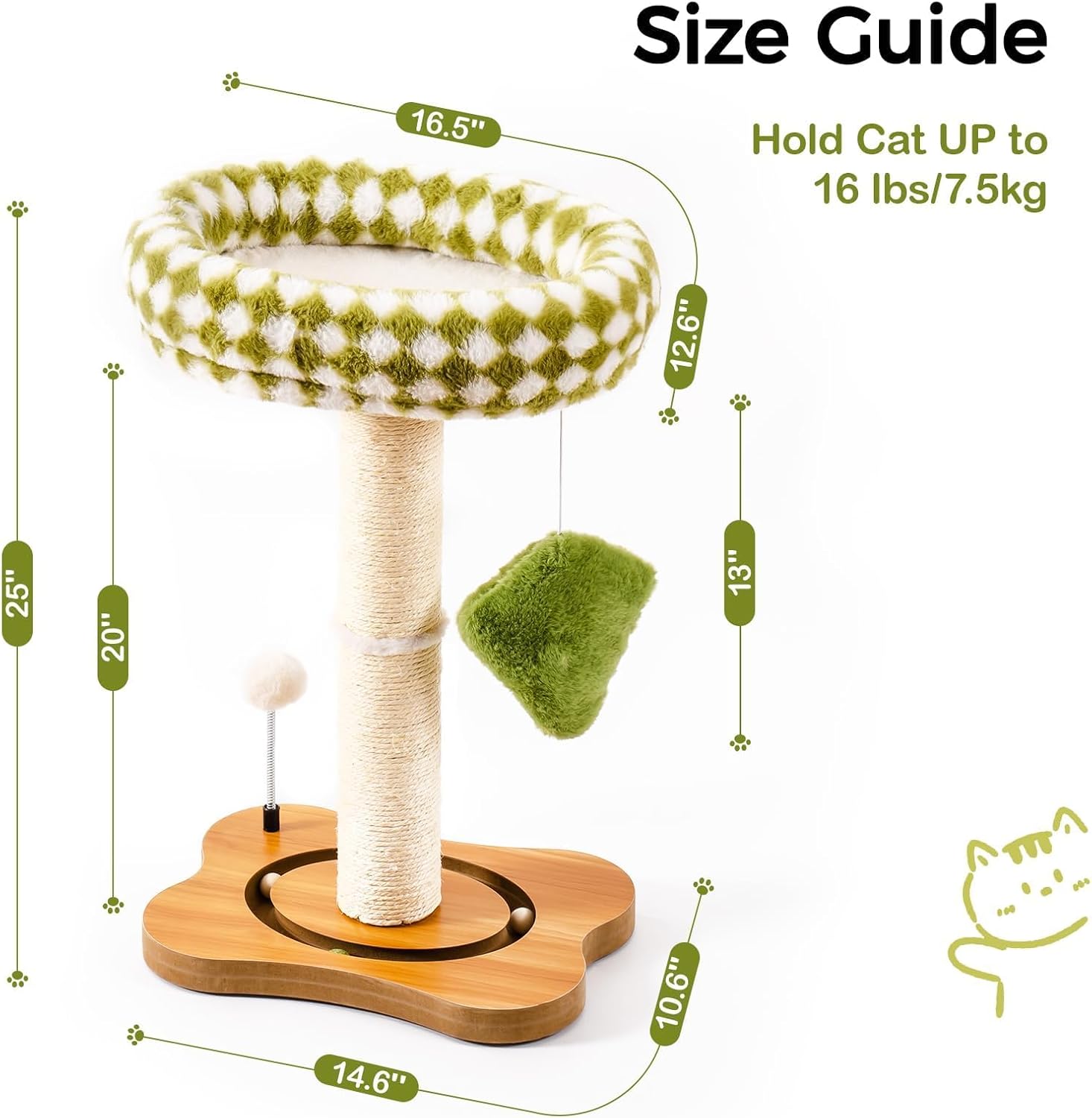 Mewoo Cat Scratching Post & Bed - 2-in-1 Small Cat Tower With Sisal Scratcher And Ball Track Toys Green, Medium
