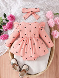 Children's Heart Print Ruffle Trim Bodysuit Dress with Headband by Trendsi