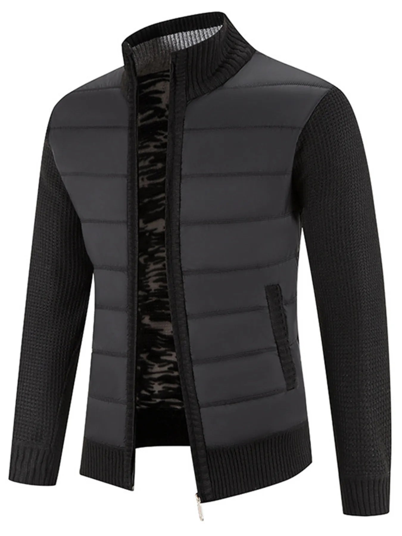 Men's Plus Size Quilted Knit Bomber Jacket with Stand Collar by Trendsi