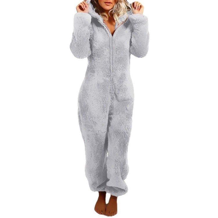 Fleece-lined Thickened Furry Jumpsuit Hooded Pajamas