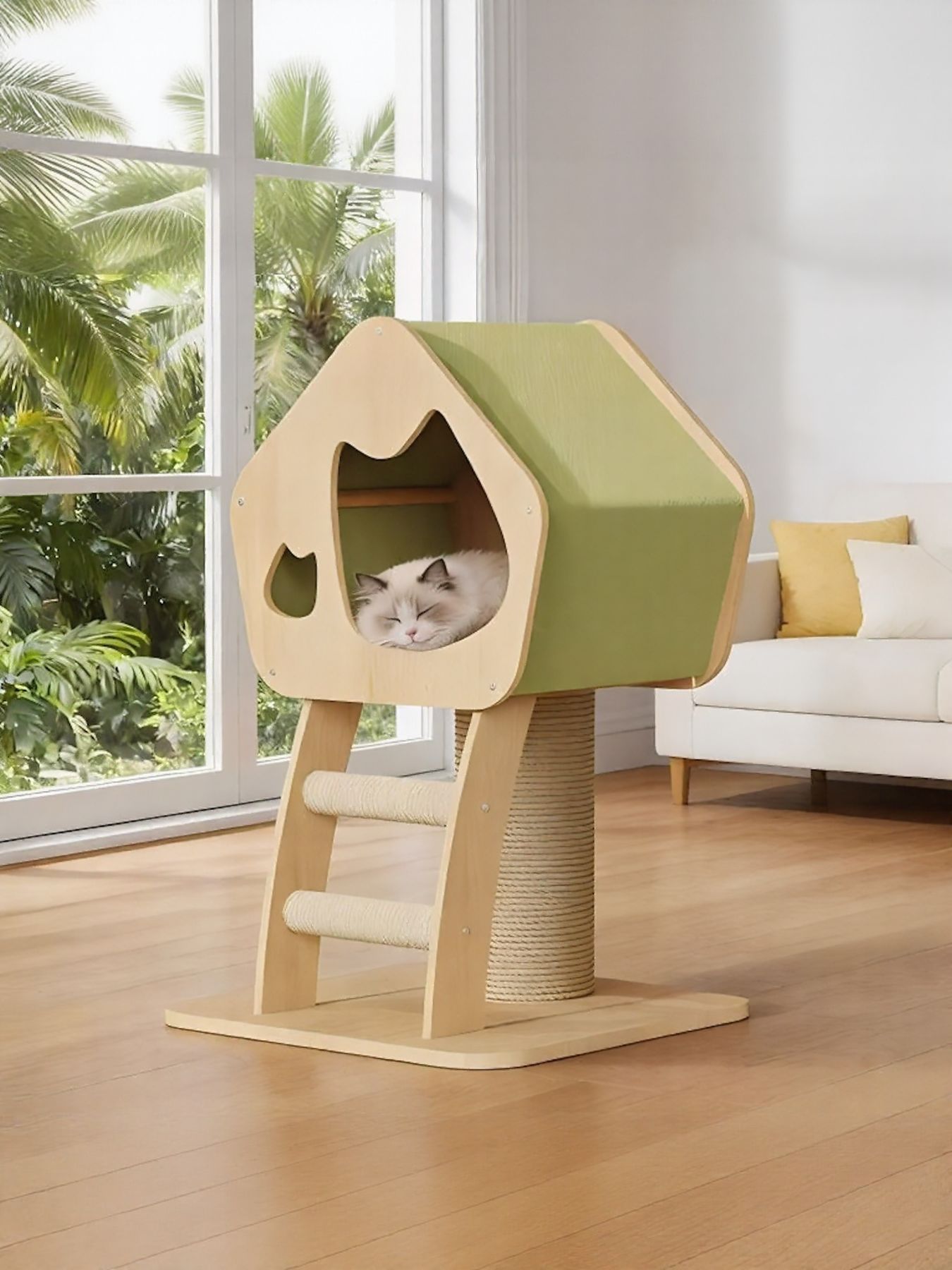 Modern Wooden Cat Condo with Scratching Post by Trendsi