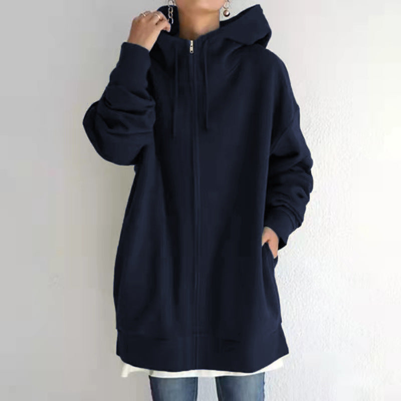 Oversized S-5XL Women Loose Hooded Coats Autumn Female Tie Collar Long Sleeve Zipper Up Add Velvet Long Sweatshirt