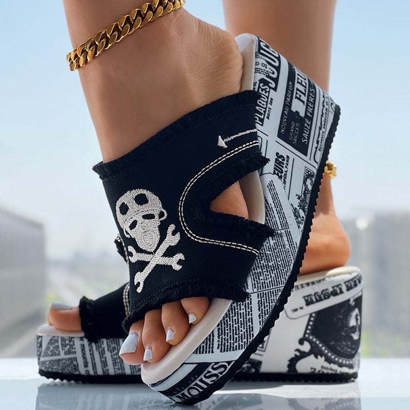 Newspaper Skull Original Hem Platform Wedge Slides - Anklet Not Included