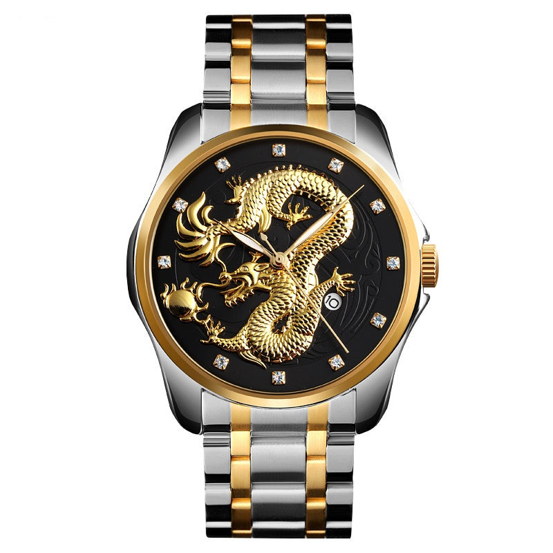 Chinese Fashion Dragon Totem Embossed Stainless Steel Strap Men