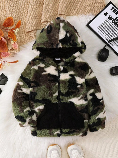 Children's Camouflage Plush Hooded Jacket by Trendsi