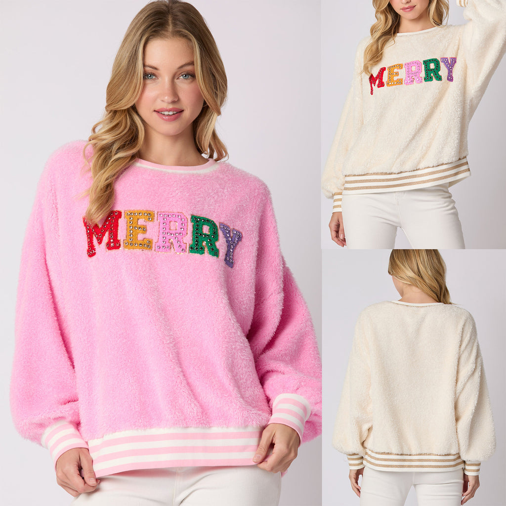 Letter Rhinestone Long Sleeve Pullover Hoodie Round Neck