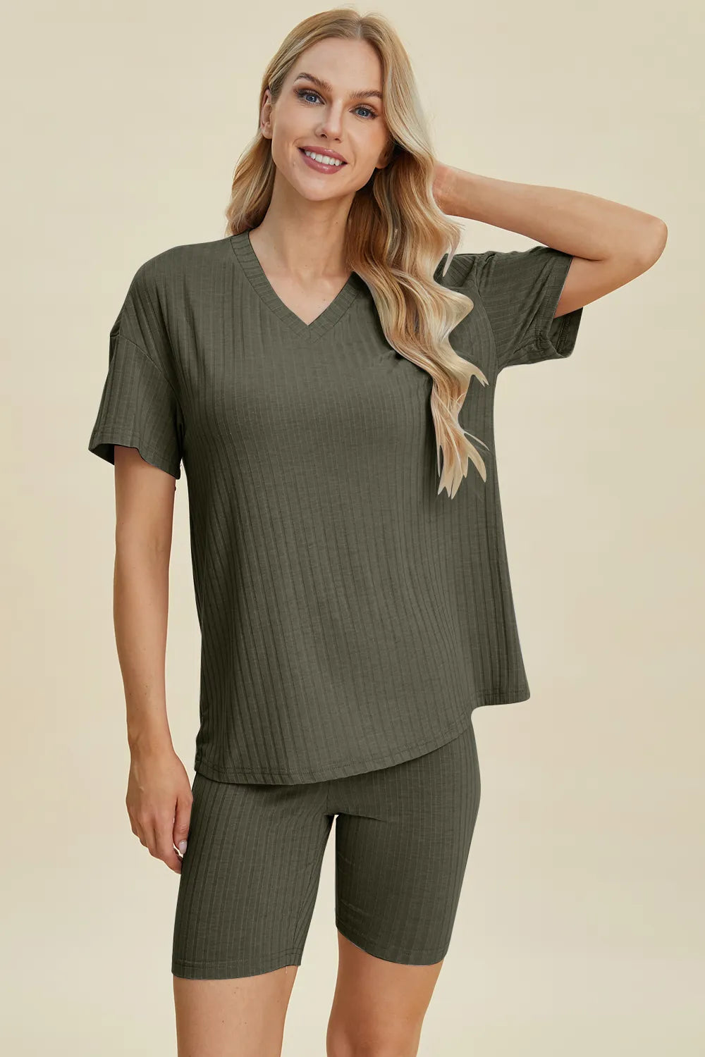 Basic Bae Full Size Ribbed V-Neck Short Sleeve Top and Shorts Set by Trendsi