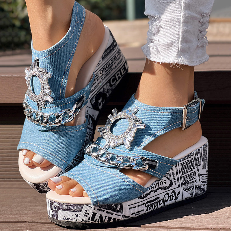Newspaper Buckle Denim Wedge Slides - Anklet Not Included