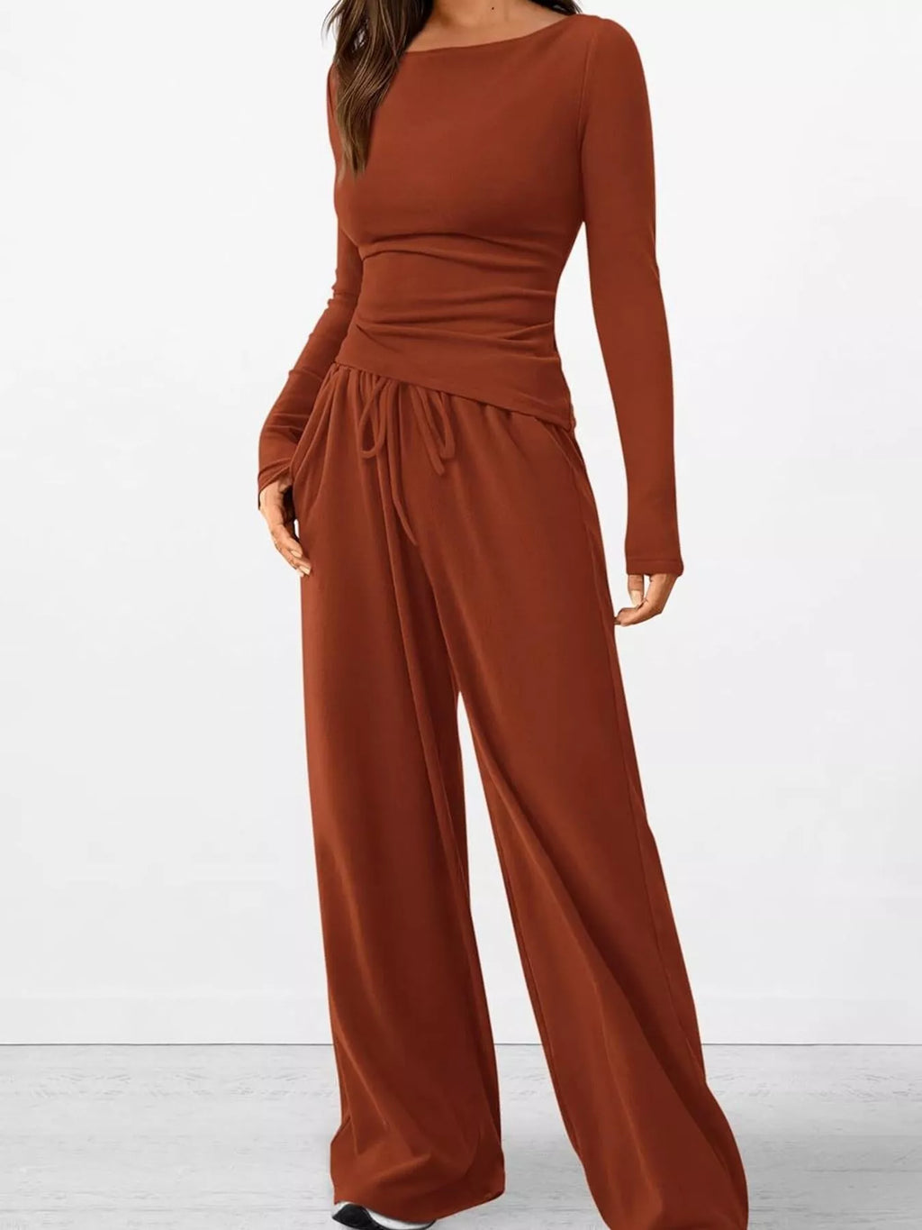 Long Sleeve Top and Wide Leg Pants Set by Trendsi