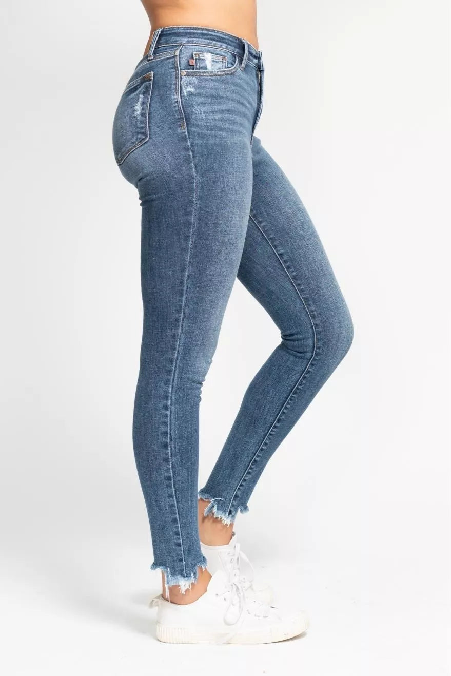 Judy Blue High Waist Skinny Jeans with Destroy & Shark Bit Hem by Trendsi