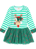 Children's Christmas Reindeer Applique Striped Long Sleeve Dress by Trendsi