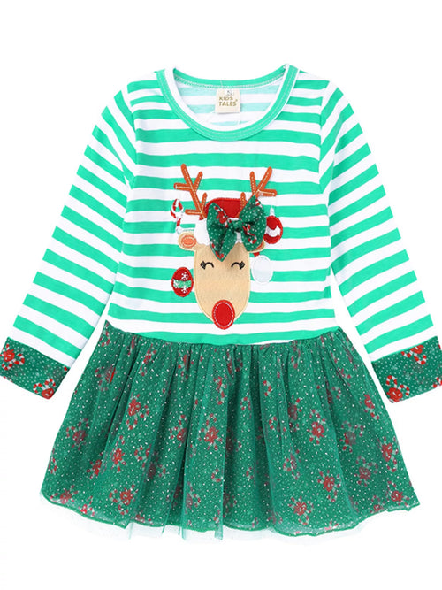 Children's Christmas Reindeer Applique Striped Long Sleeve Dress by Trendsi