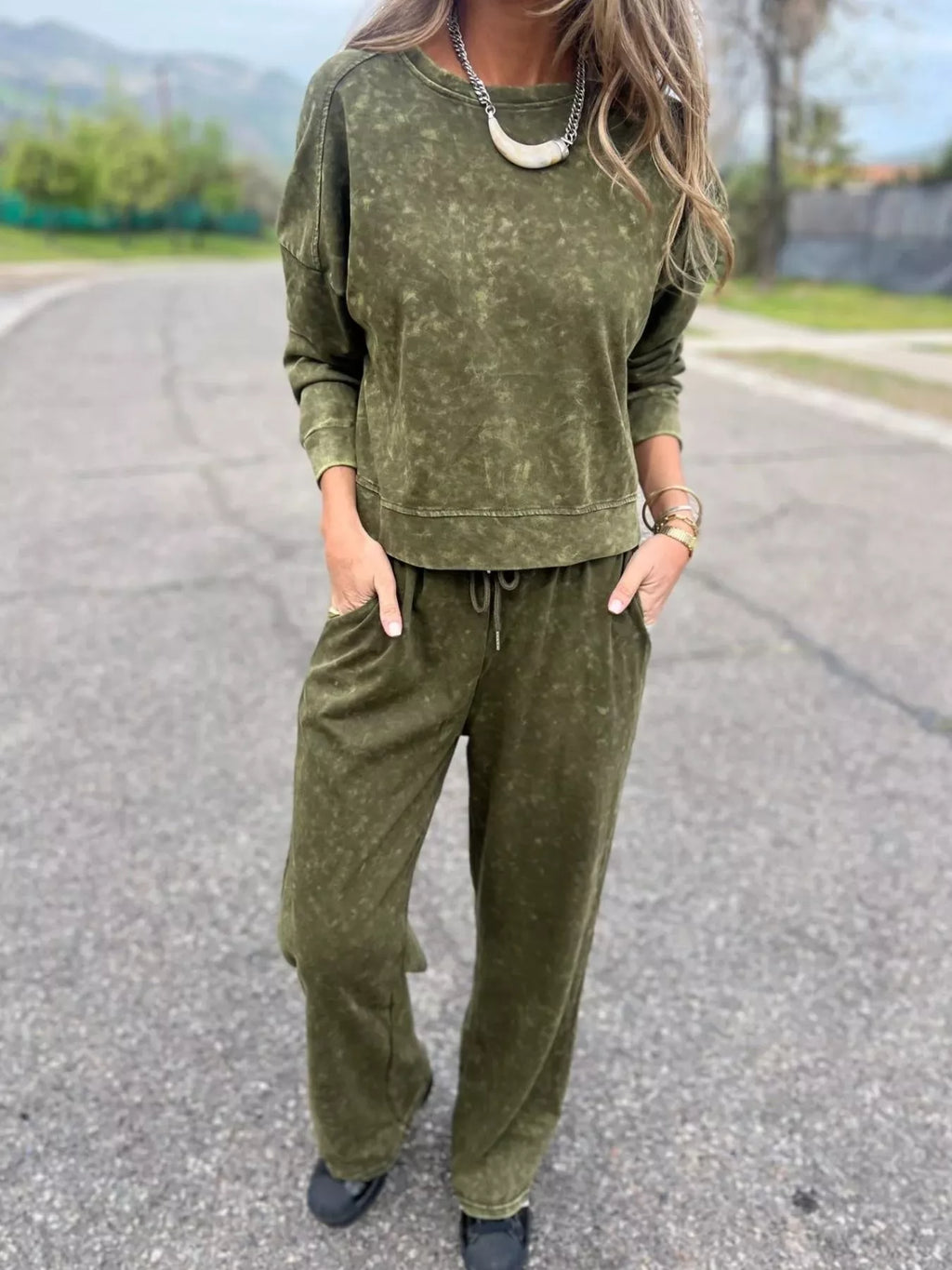 Full Size Washed Round Neck Top and Drawstring Pants Set Plus Size by Trendsi