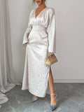 Leopard Surplice Long Sleeve Maxi Dress by Trendsi
