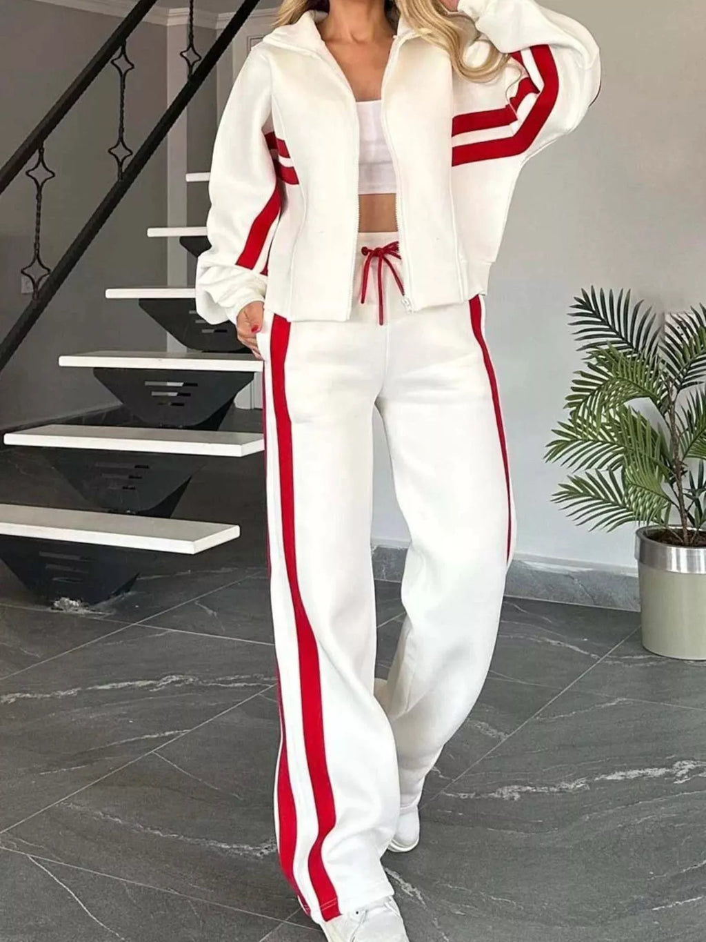 Full Size Contrast Stripe Zip Up Jacket and Pants Set Plus Size by Trendsi