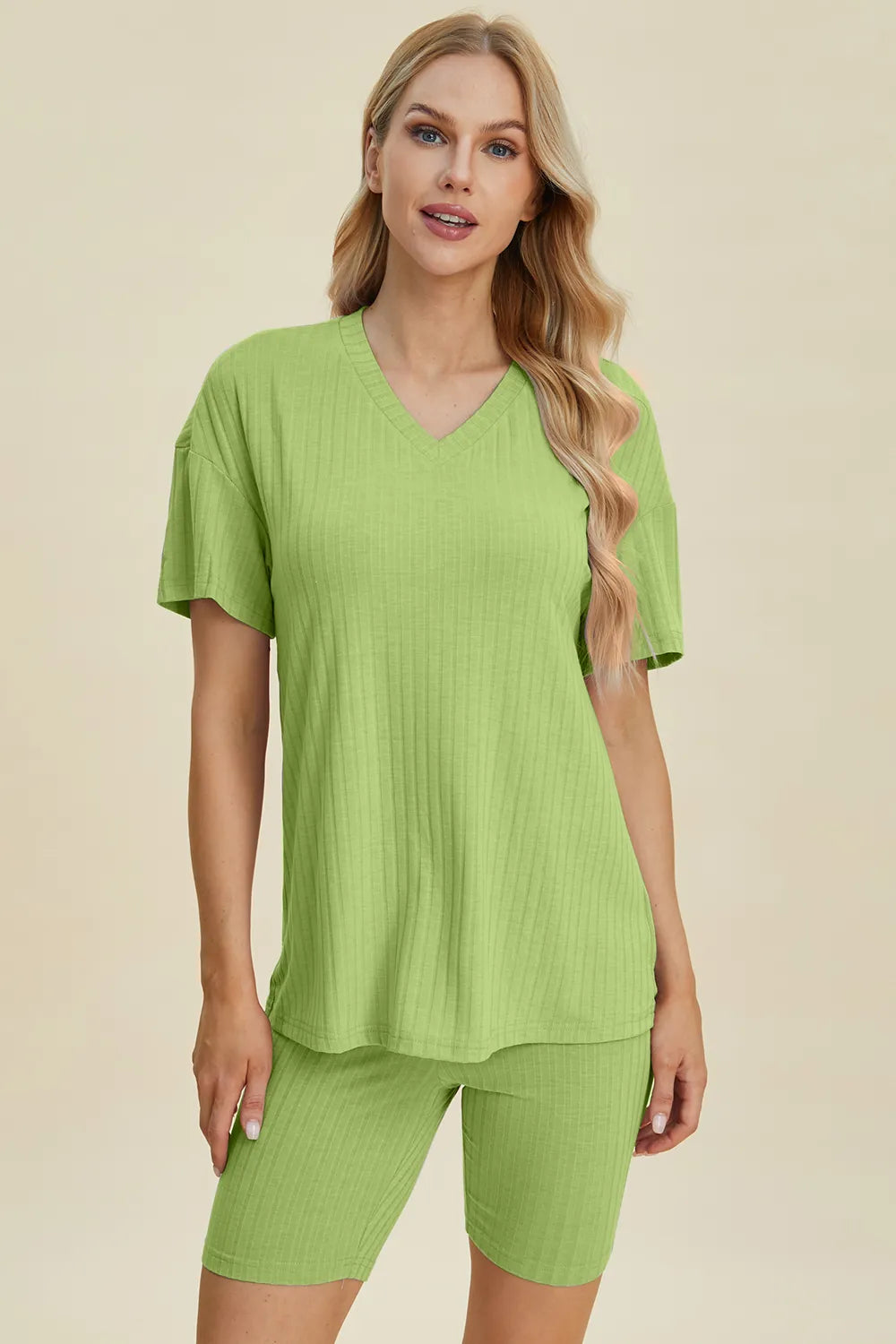 Basic Bae Full Size Ribbed V-Neck Short Sleeve Top and Shorts Set by Trendsi
