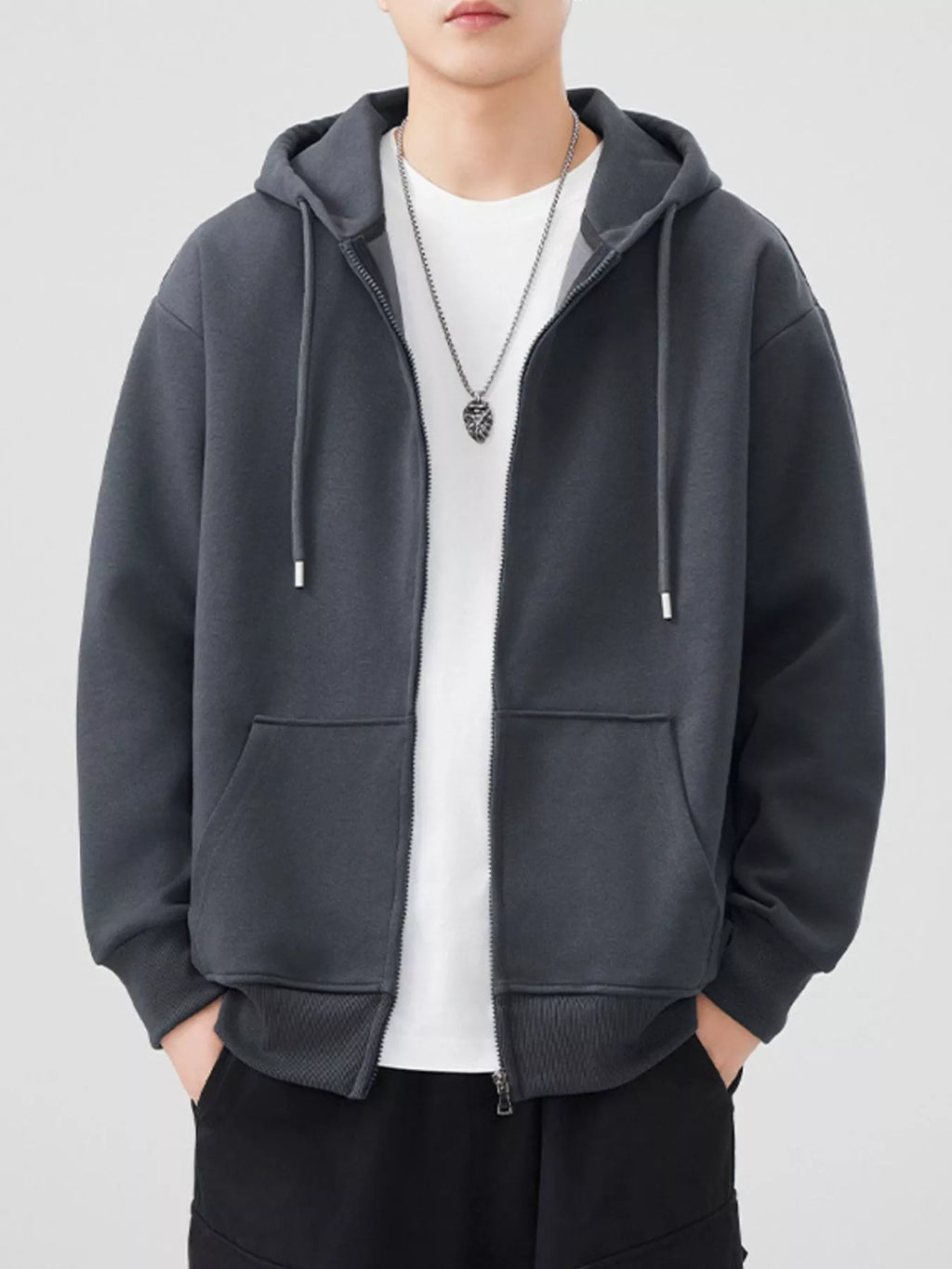 Men's Plus Size Solid Color Zip-Up Hoodie by Trendsi