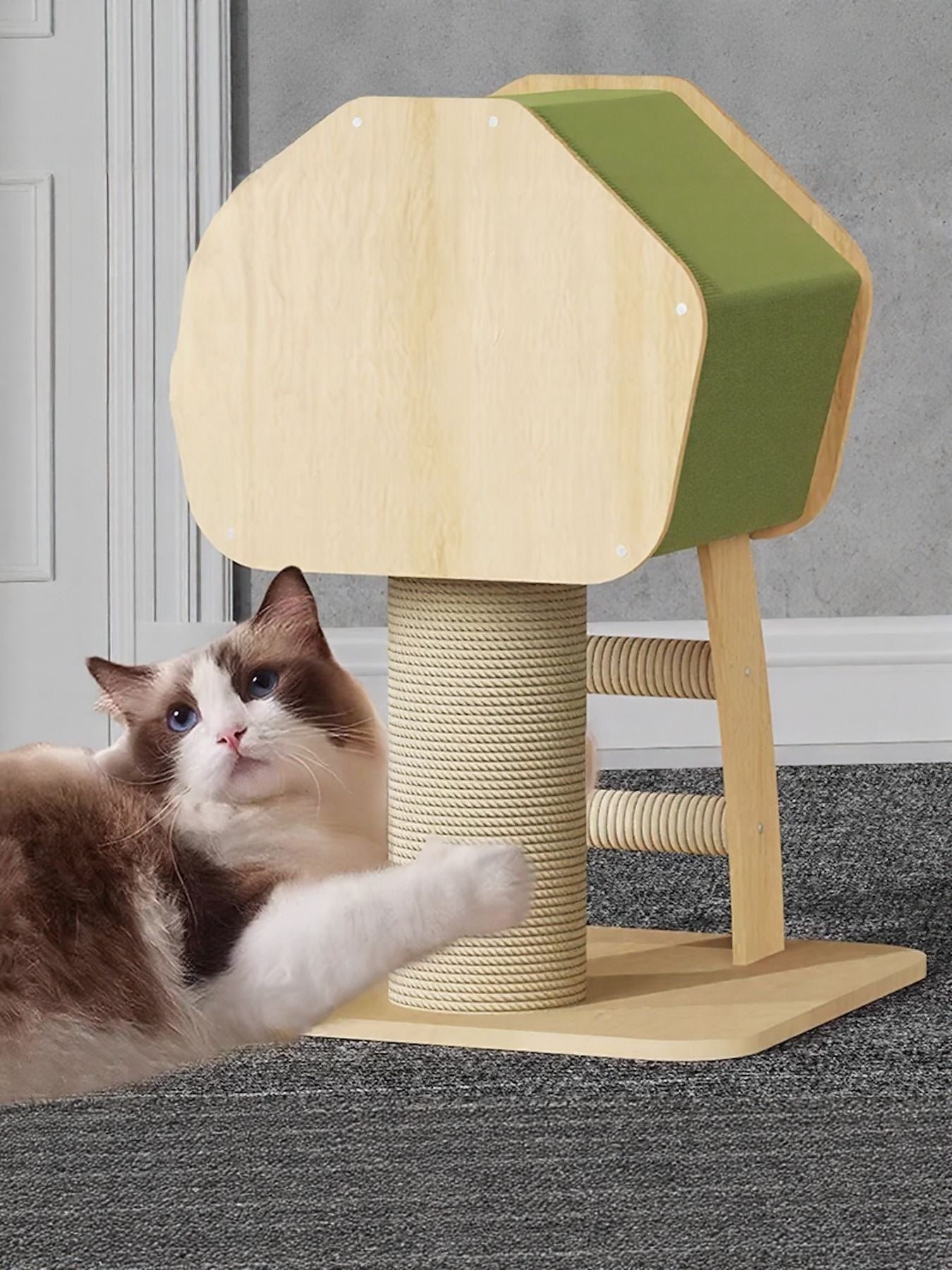 Modern Wooden Cat Condo with Scratching Post by Trendsi